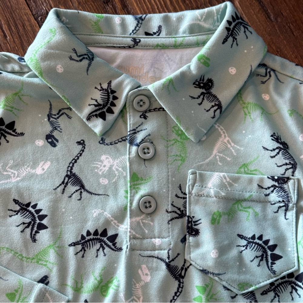 NWT Dinosaur Print Rumi & Ryder Green Blue Long Sleeve Polo Shirt Boys Size 4 - Picture 3 of 6